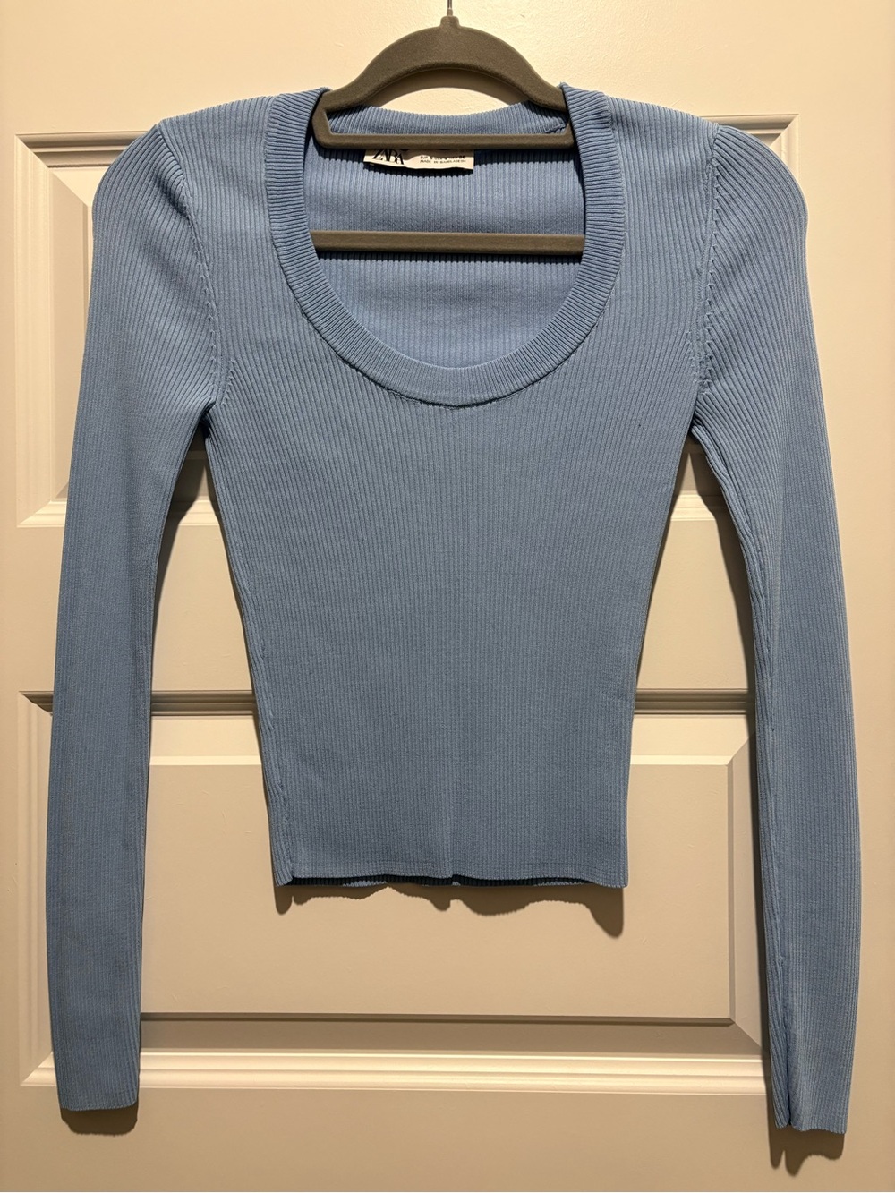 Zara Baby Blue Ribbed Long-Sleeve Scoop Neck Top